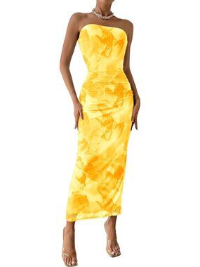 Women's Floral Yellow Summer Wedding Guest Dress Strapless Tube Top Maxi Dress